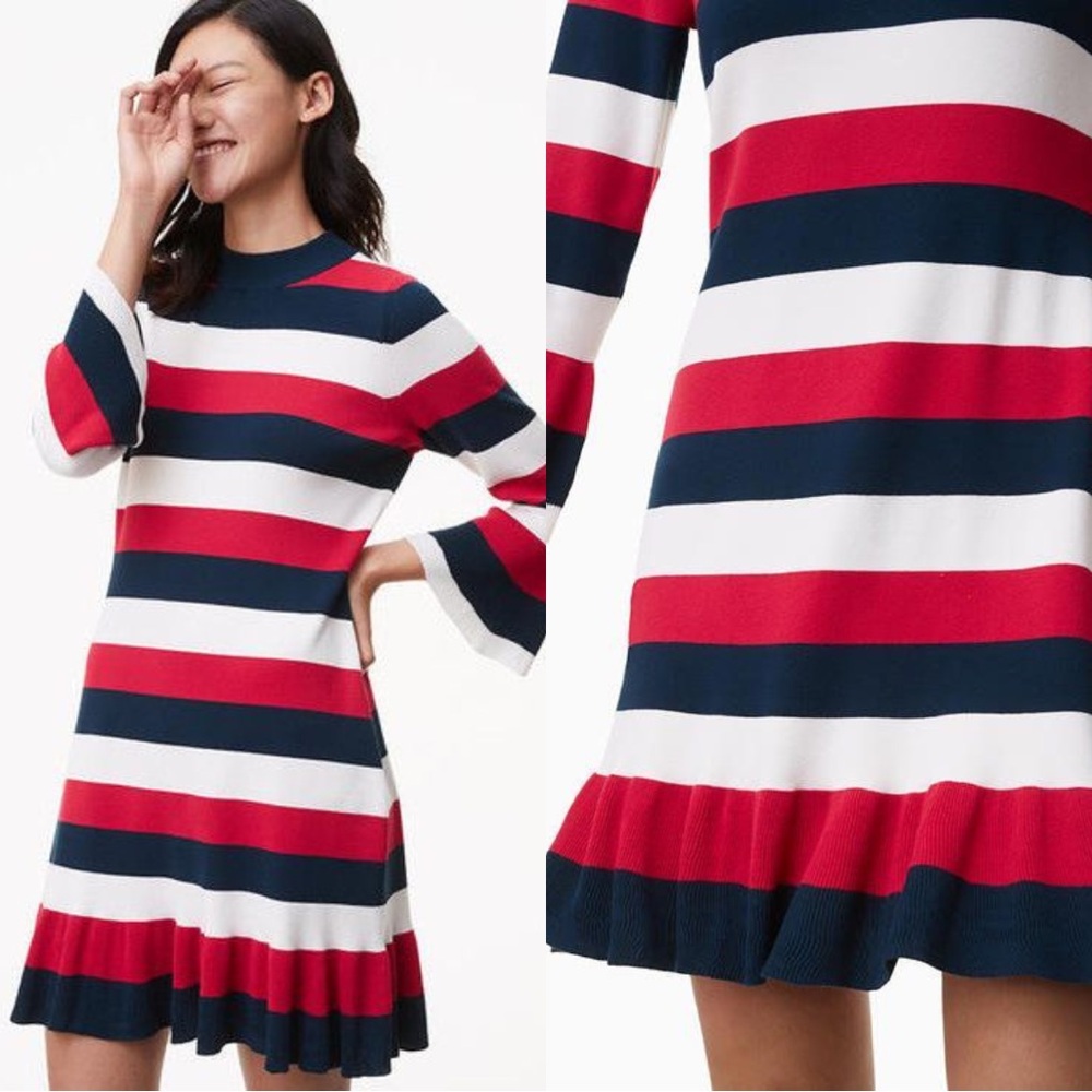 LOFT Flutter Sleeve Ribbed Flounce Sweater Dress Red White Blue Stripes - S
